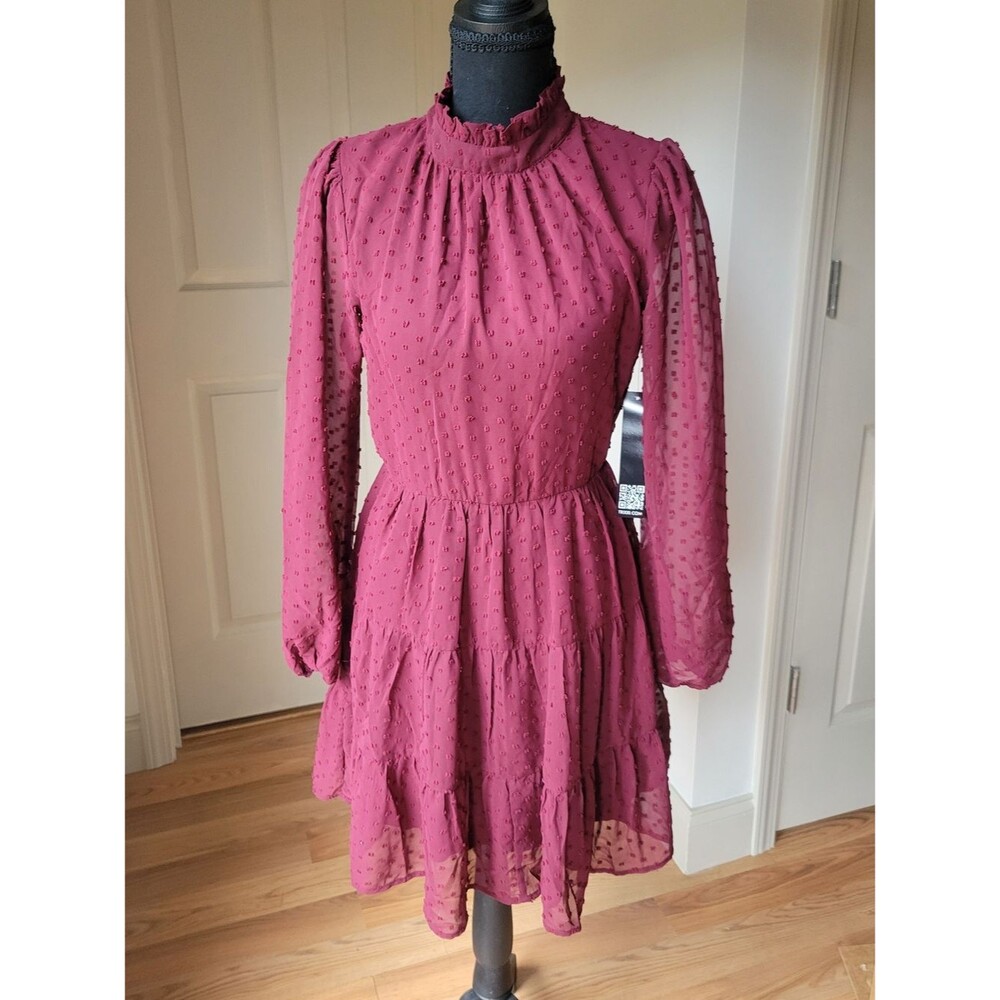 Trixxi Rose Pink Swiss Dot Long Sleeve Ruffled Neck Mini Dress Size S